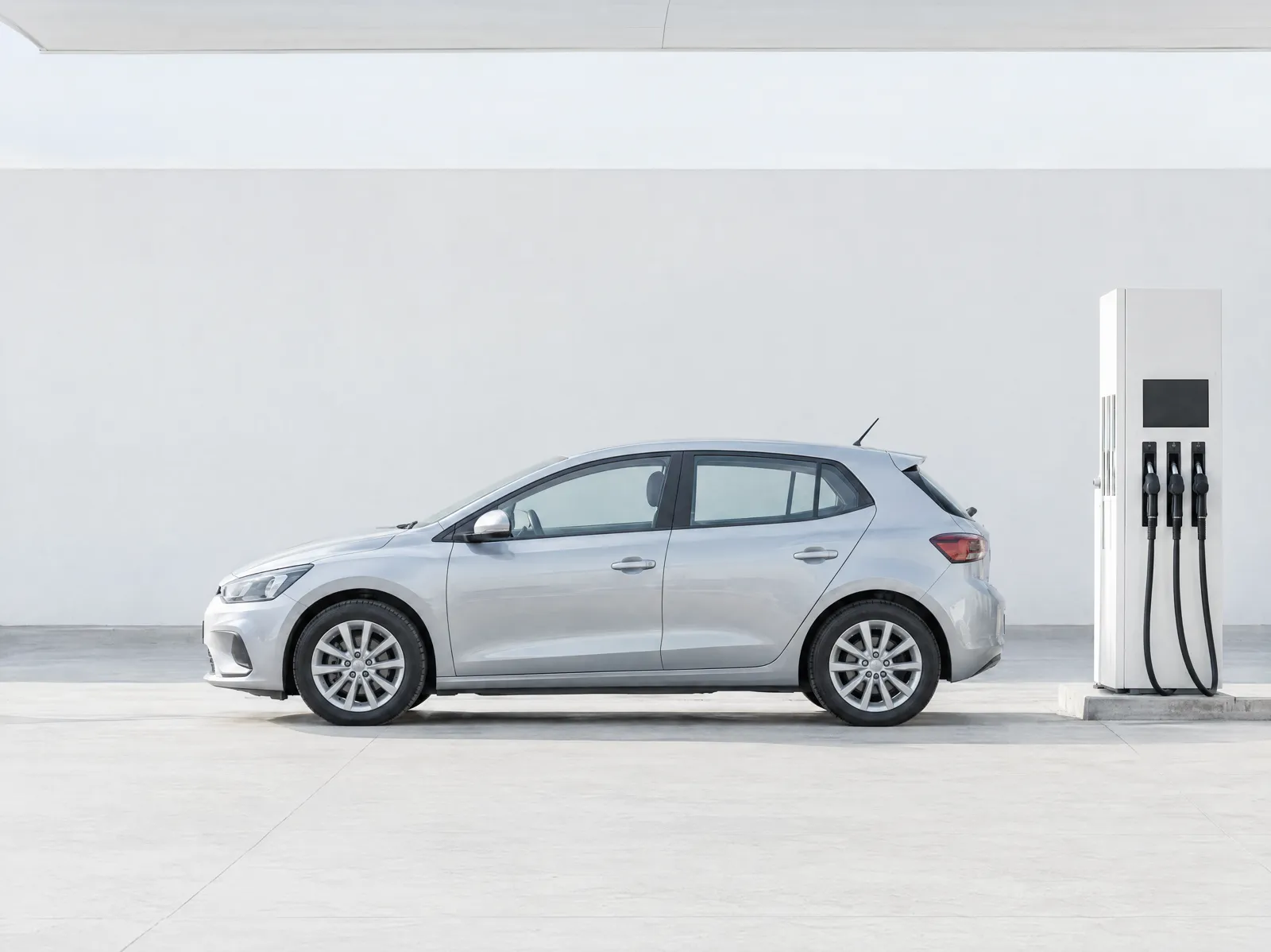 A silver hatchback beside a fuel pump